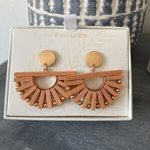 Pink Linen Boho Lightweight Wooden Half Circle Earrings NEW